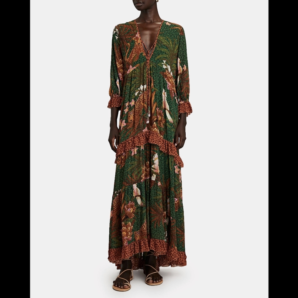 Farm Rio Wild Leopards Tiered Maxi Dress (Jungle Green Print)